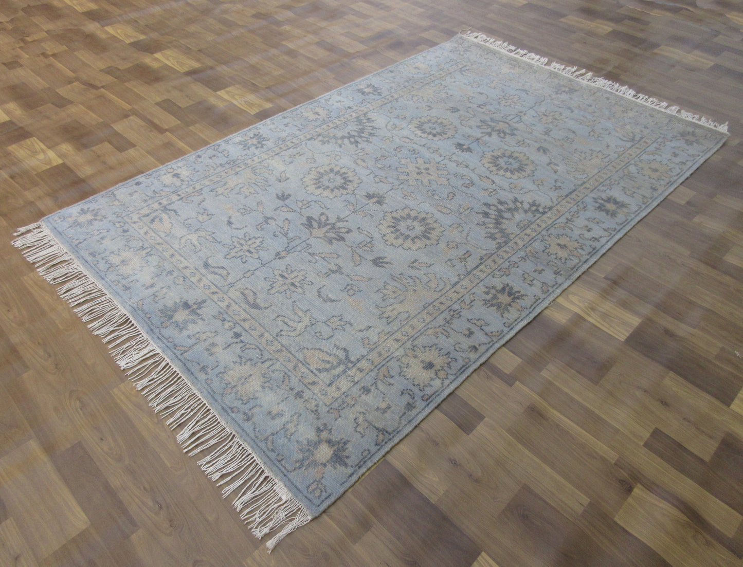 Oriental Area Rug 7.9'x4.11' Hand-Knotted Floral Aqua Wool Rug, Living Room TRC