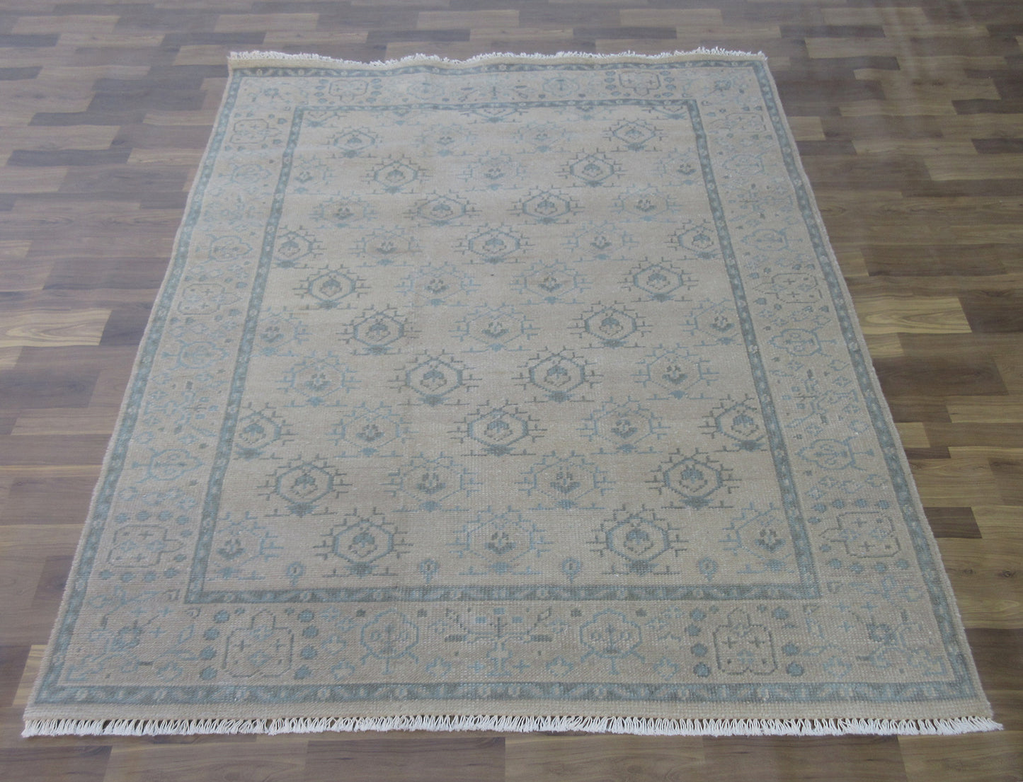 7'x4.11' Handmade Beige | Beige Oriental Wool Area Rug for Living Space or Office Carpet