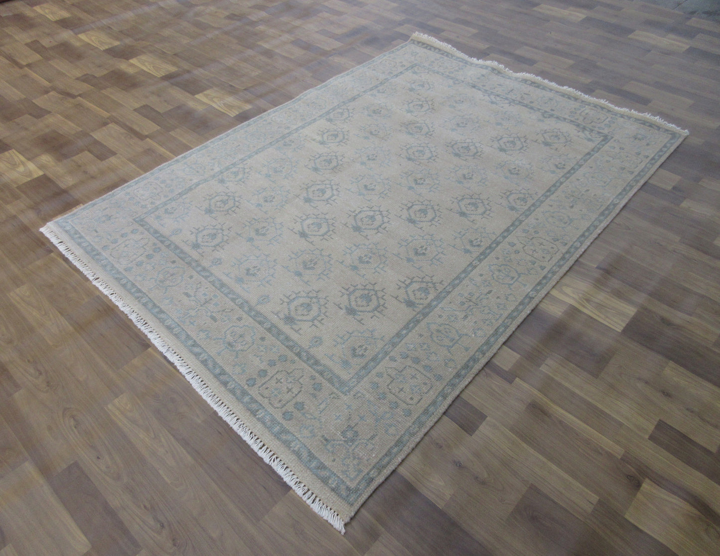 7'x4.11' Handmade Beige | Beige Oriental Wool Area Rug for Living Space or Office Carpet