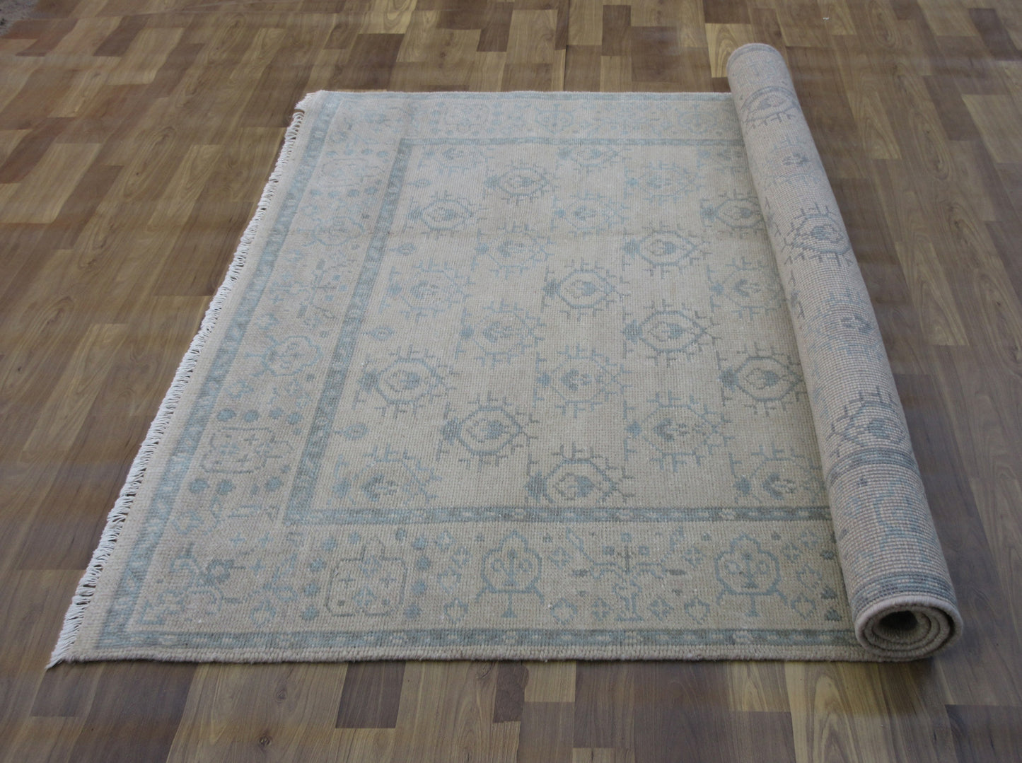 7'x4.11' Handmade Beige | Beige Oriental Wool Area Rug for Living Space or Office Carpet