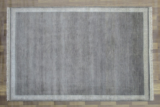 8.1'x6.1' ft Handmade Vegetable Dye Oriental Wool Rug, Gray | Ivory Plain Bordered Area Rug