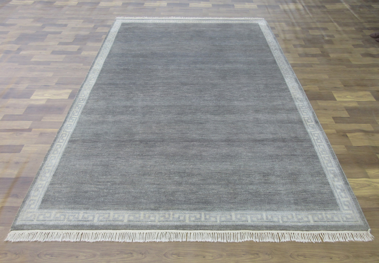 8.1'x6.1' ft Handmade Vegetable Dye Oriental Wool Rug, Gray | Ivory Plain Bordered Area Rug