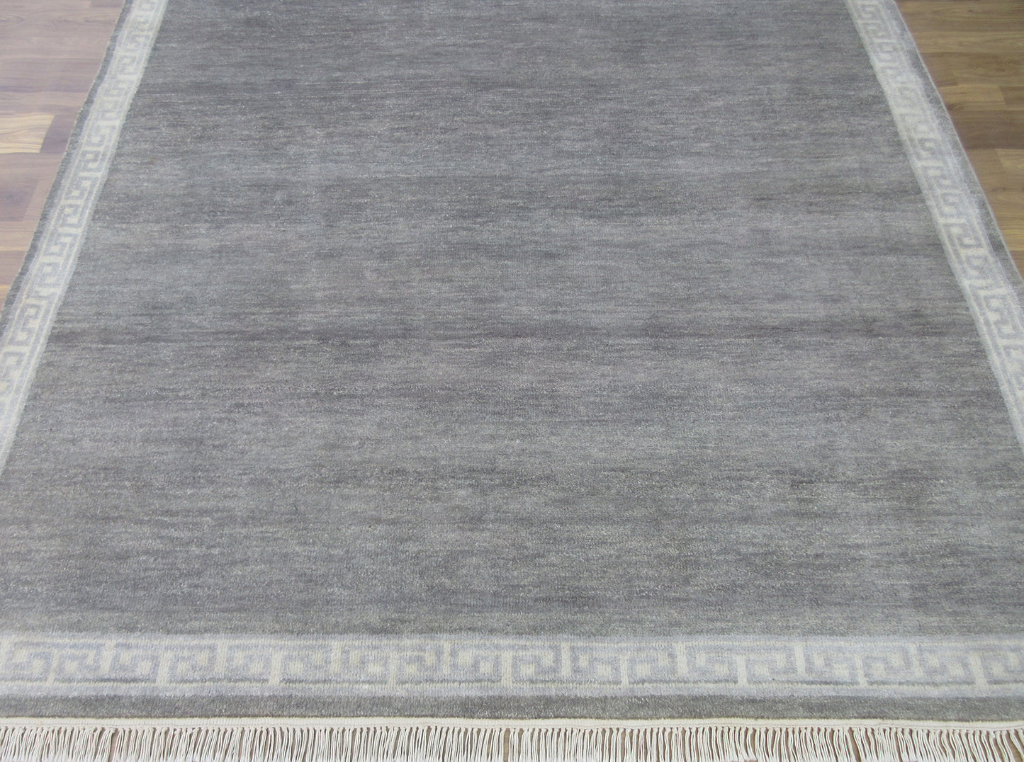 8.1'x6.1' ft Handmade Vegetable Dye Oriental Wool Rug, Gray | Ivory Plain Bordered Area Rug