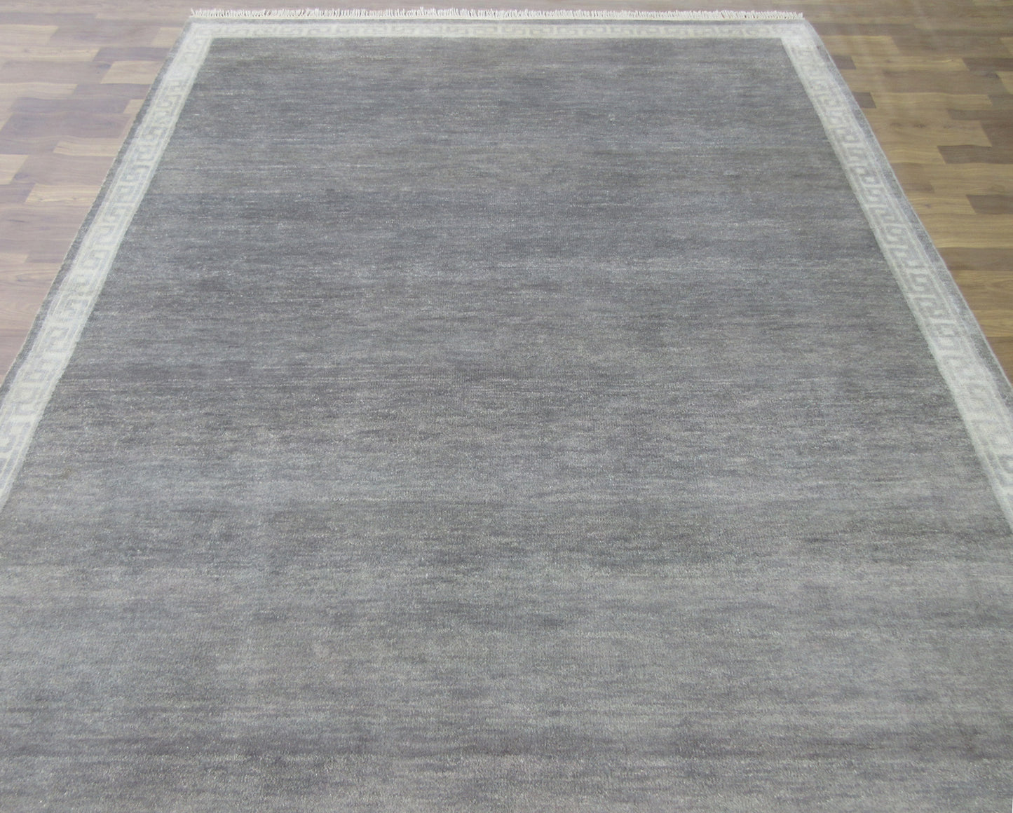 8.1'x6.1' ft Handmade Vegetable Dye Oriental Wool Rug, Gray | Ivory Plain Bordered Area Rug