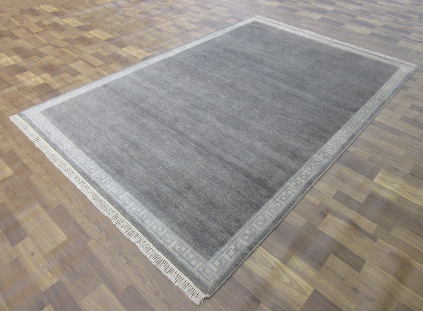 8.1'x6.1' ft Handmade Vegetable Dye Oriental Wool Rug, Gray | Ivory Plain Bordered Area Rug