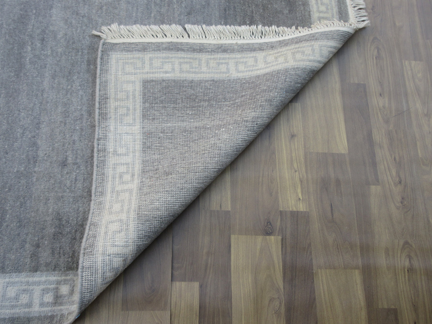 8.1'x6.1' ft Handmade Vegetable Dye Oriental Wool Rug, Gray | Ivory Plain Bordered Area Rug