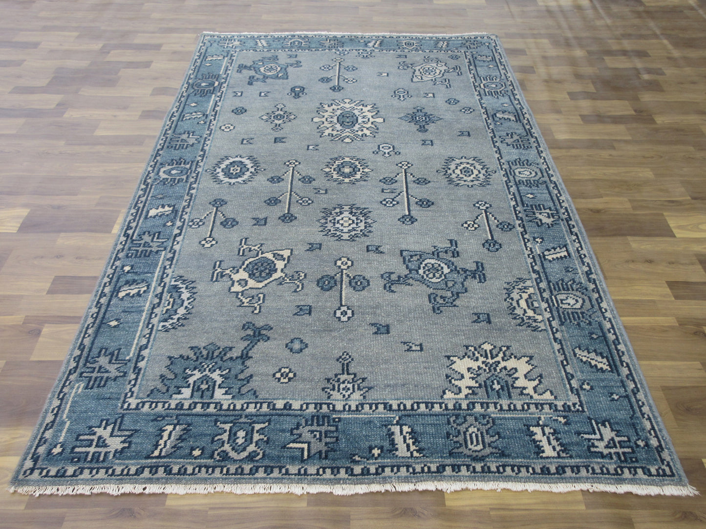 7.10'x5.0' Traditional Handmade Gray & Aqua Area Rug, Asian/Oriental Living Room