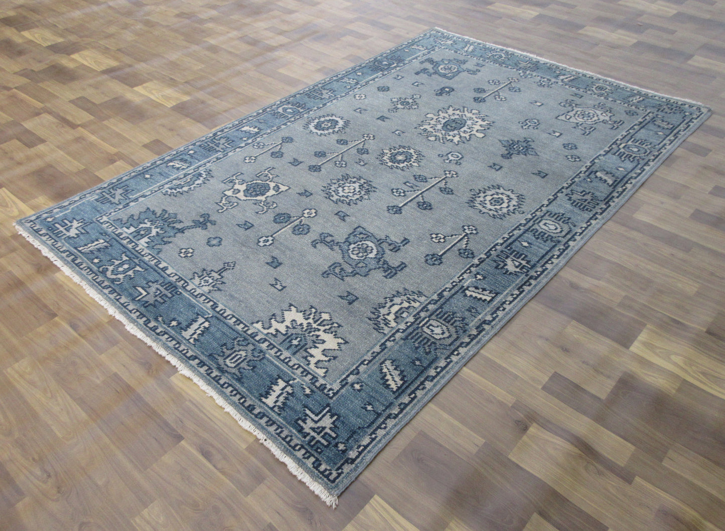 7.10'x5.0' Traditional Handmade Gray & Aqua Area Rug, Asian/Oriental Living Room