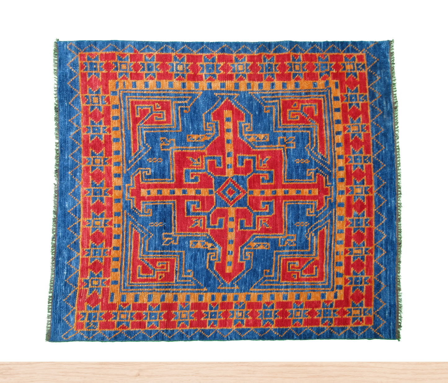 Handmade Tribal Design Rug - 5 x 5 Feet - Square Blue and Red Geometric Pattern