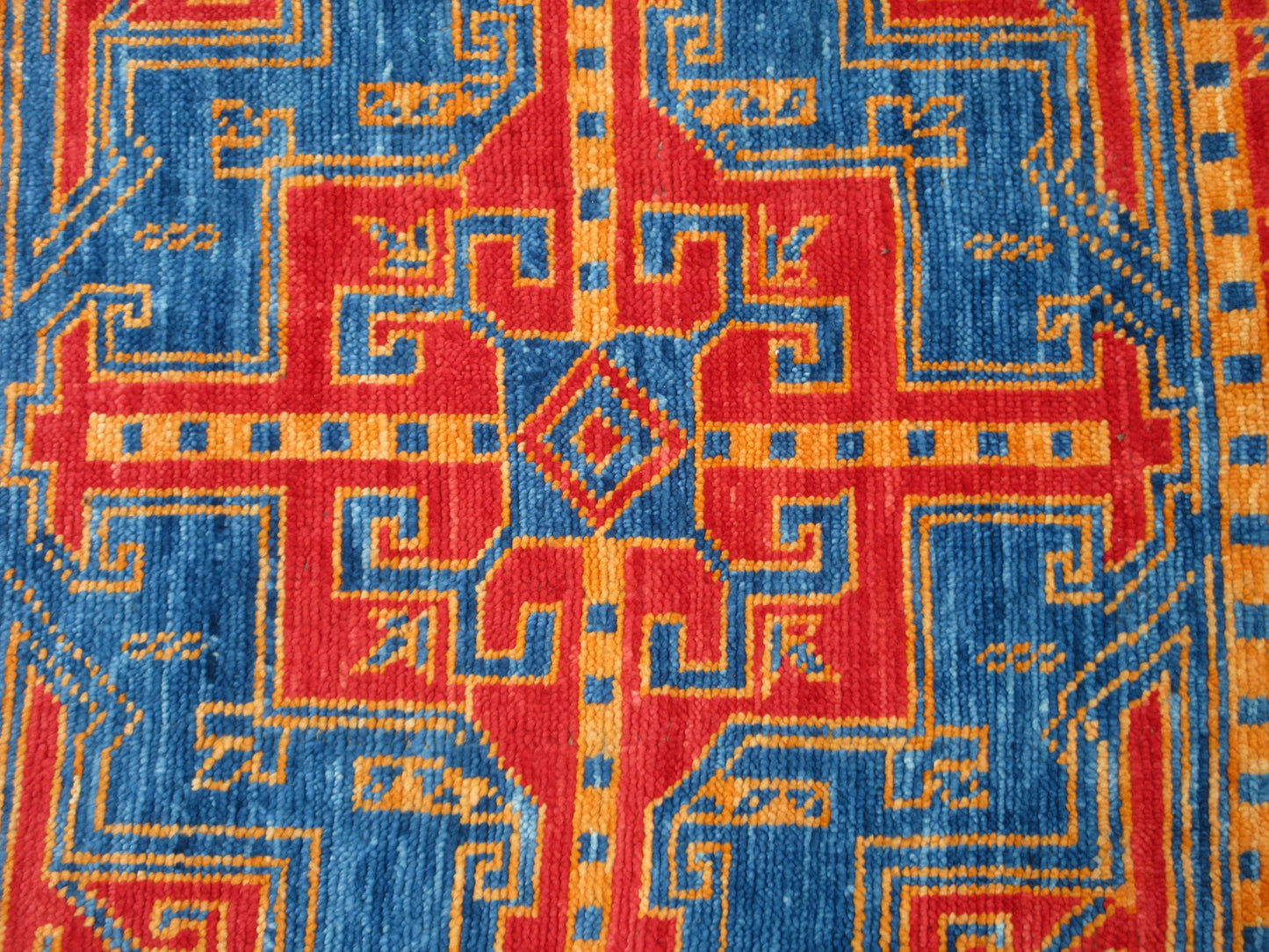 Handmade Tribal Design Rug - 5 x 5 Feet - Square Blue and Red Geometric Pattern