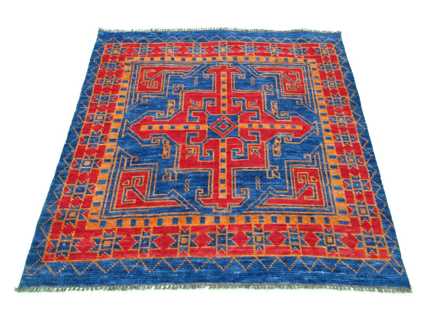 Handmade Tribal Design Rug - 5 x 5 Feet - Square Blue and Red Geometric Pattern