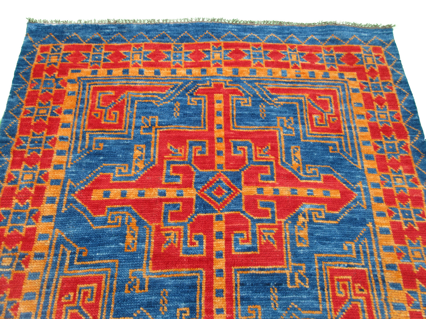 Handmade Tribal Design Rug - 5 x 5 Feet - Square Blue and Red Geometric Pattern