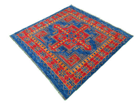 Handmade Tribal Design Rug - 5 x 5 Feet - Square Blue and Red Geometric Pattern