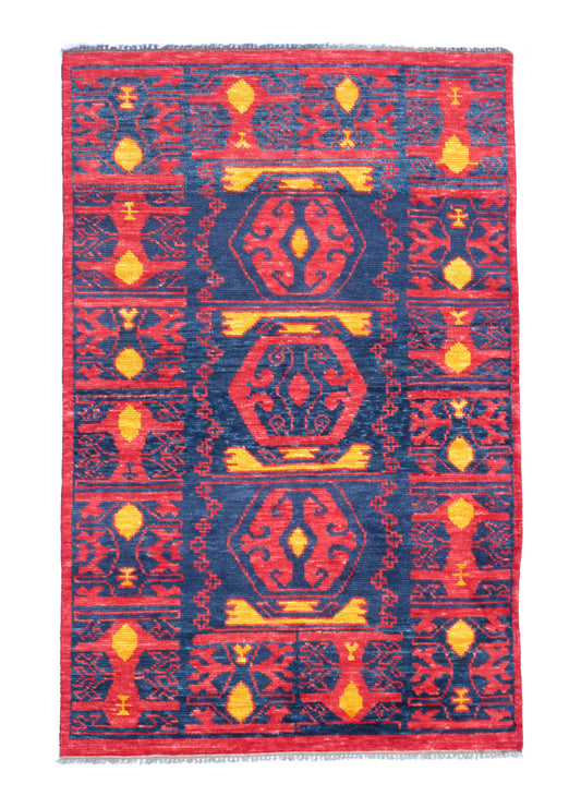 Handmade 7.8' x 5.2' Pure Wool Geometric Area Rug - Red & Blue