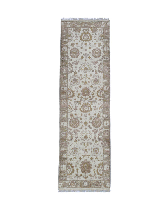 Hand-Knotted Pure Silk Runner Rug (7'11" x 2'6") Ivory & Grey Luxury for Living