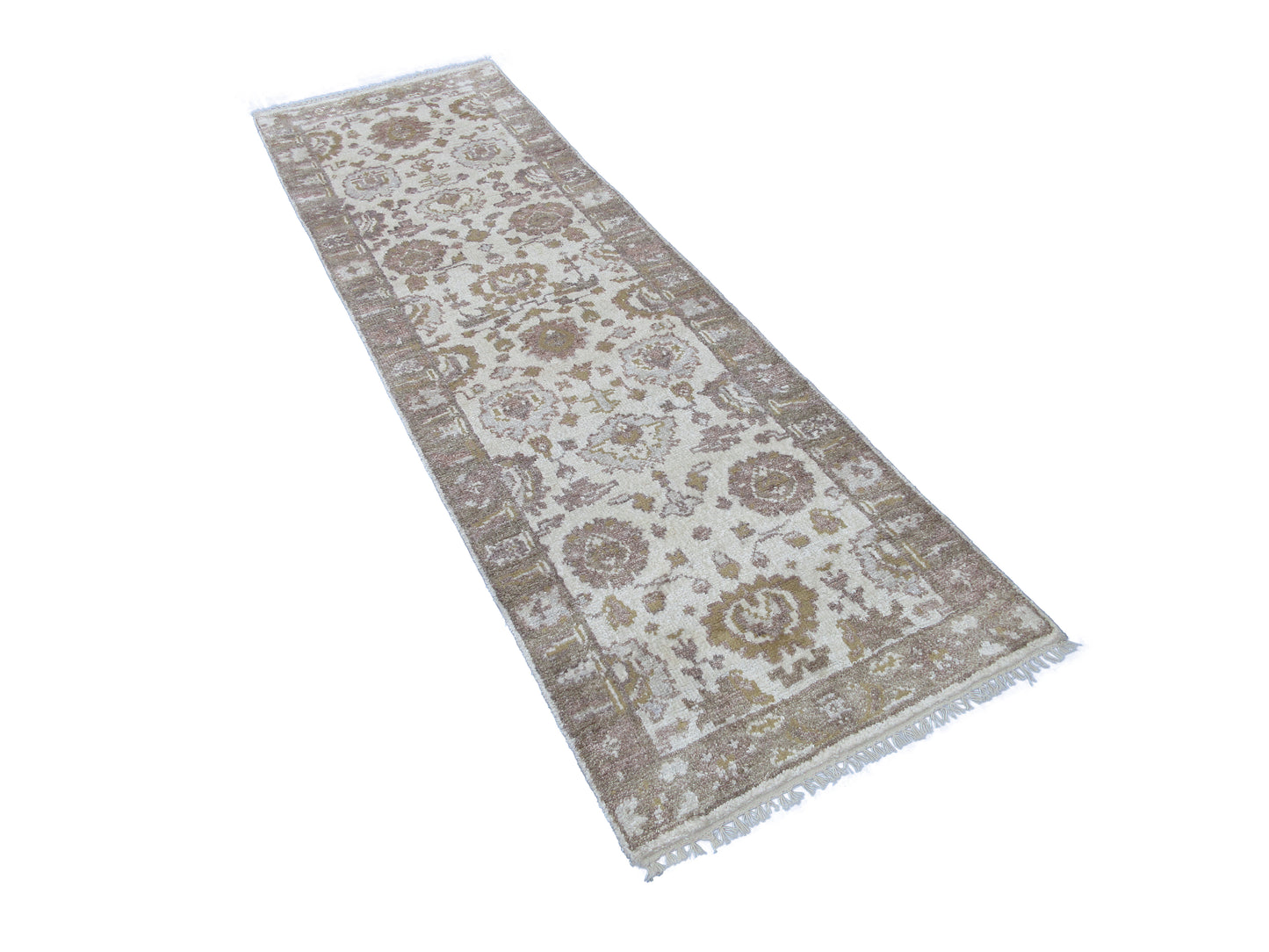 Hand-Knotted Pure Silk Runner Rug (7'11" x 2'6") Ivory & Grey Luxury for Living