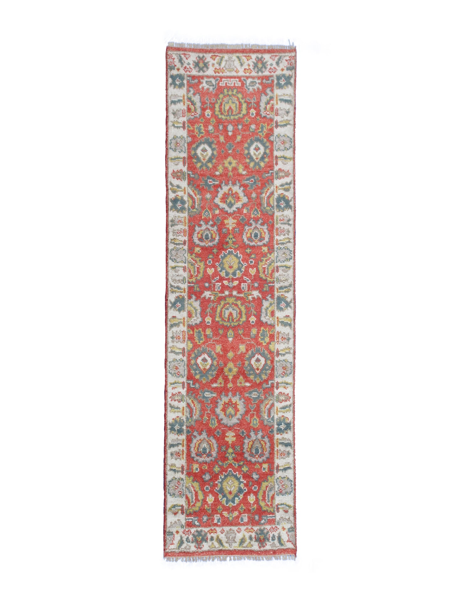 7.11X2.6 Feet Hand Knotted Runner Rug, Pure Bamboo Silk, Floral Pattern, Rust | Beige Area Rug