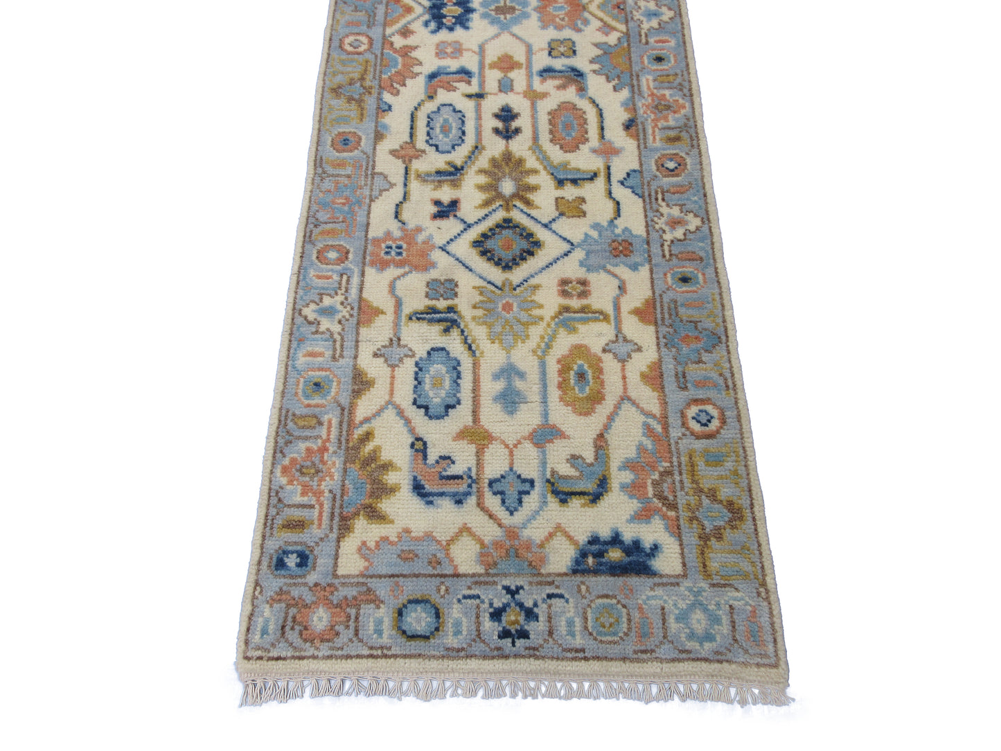 Vintage Handwoven Wool Runner Rug 7.11x2.6 Feet | Ivory\Lt.Blue Geometric Carpet