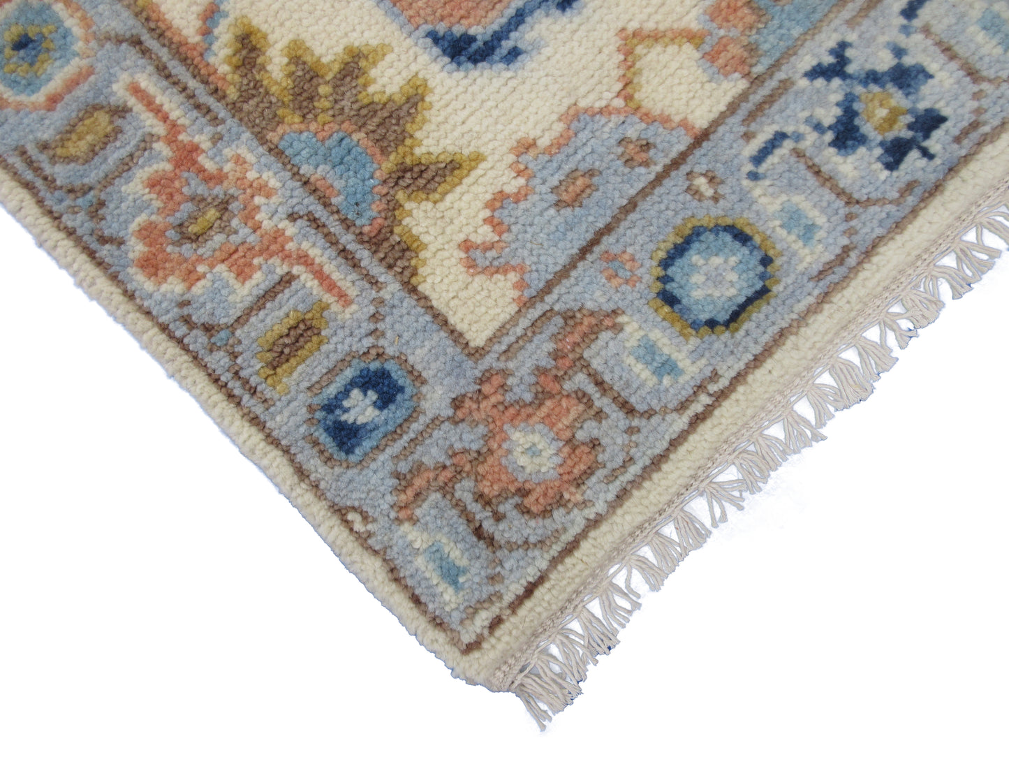 Vintage Handwoven Wool Runner Rug 7.11x2.6 Feet | Ivory\Lt.Blue Geometric Carpet