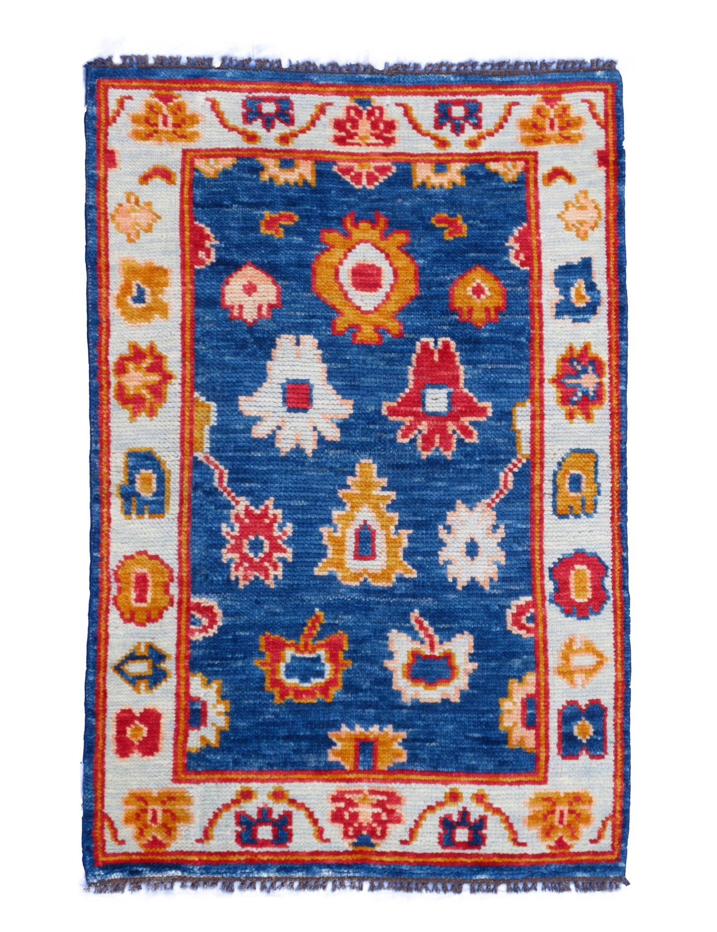 5x3 Feet Handmade Wool Rug, Blue and Red Floral Pattern, Perfect for Bedroom