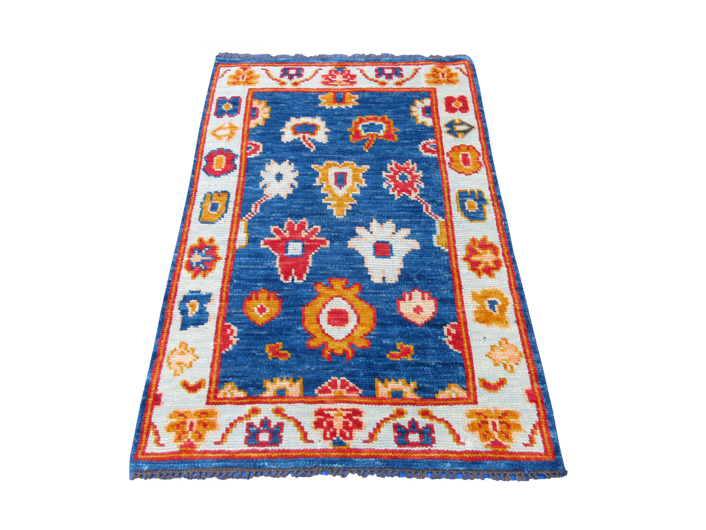 5x3 Feet Handmade Wool Rug, Blue and Red Floral Pattern, Perfect for Bedroom