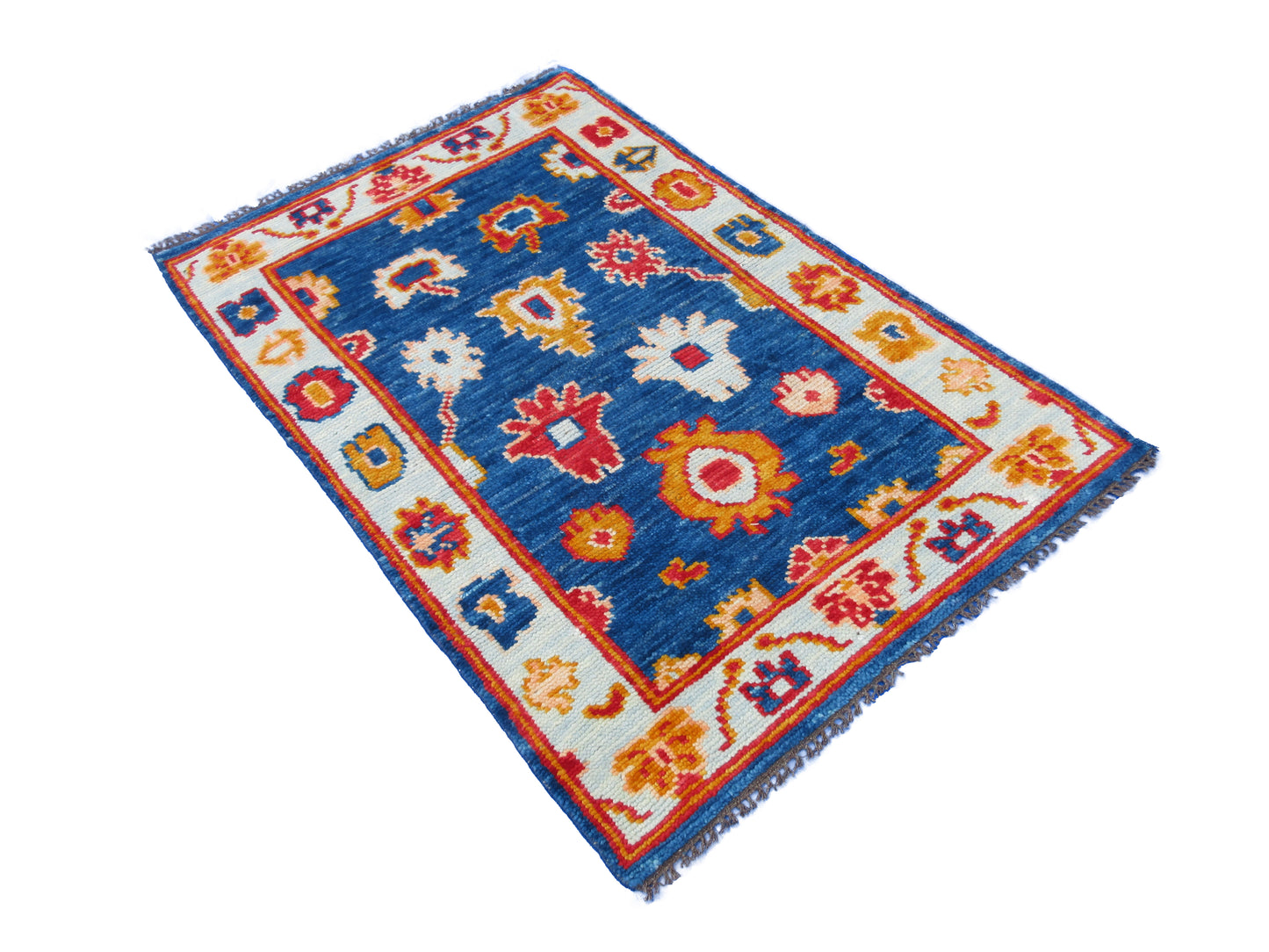 5x3 Feet Handmade Wool Rug, Blue and Red Floral Pattern, Perfect for Bedroom