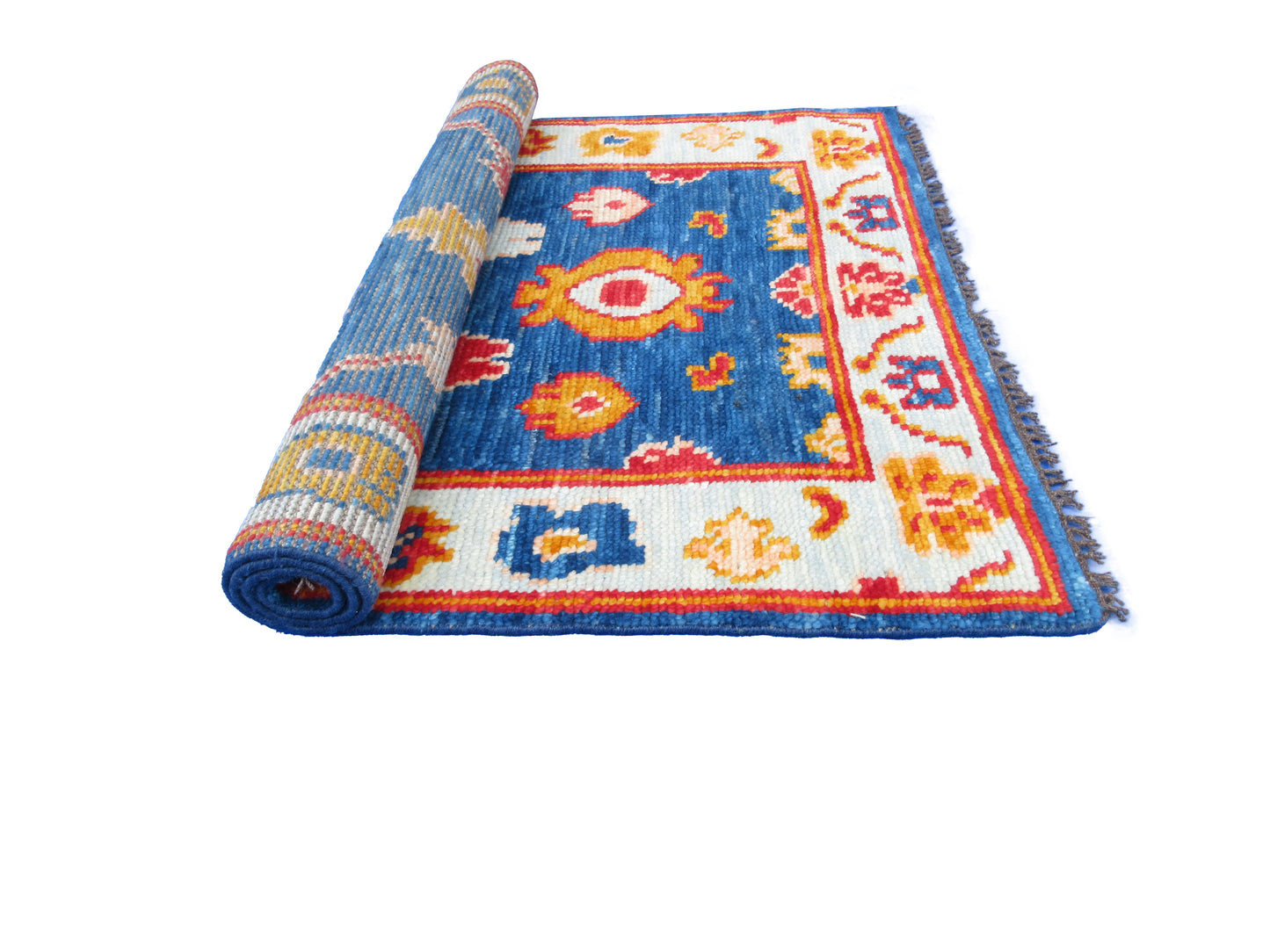 5x3 Feet Handmade Wool Rug, Blue and Red Floral Pattern, Perfect for Bedroom