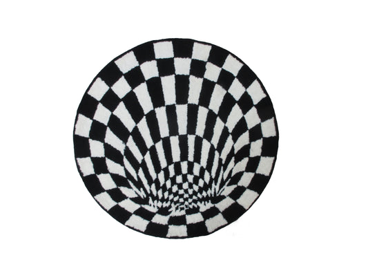 Handmade Optical Illusion Rug 3.10 x 3.10 Feet Round Black and White Checkered