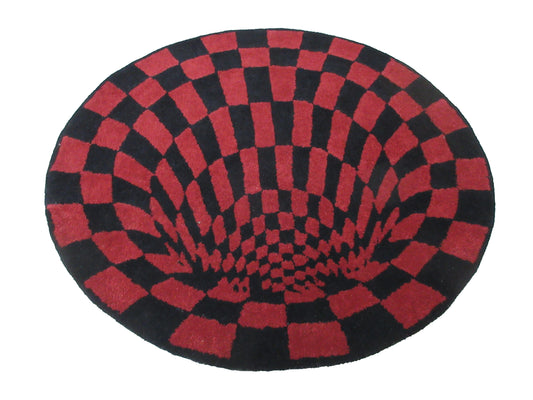 3.10 ft Illusion Rug Round Shape Red & Black Vortex - Modern Trippy Checkered Floor Rug