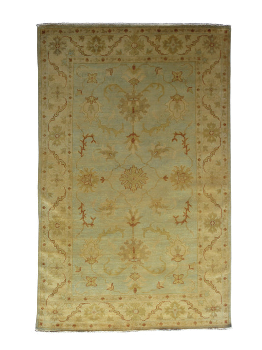 Hand-Knotted Oushak Turkish Rug - Soft Beige and Light Blue, 8x5 ft Carpet