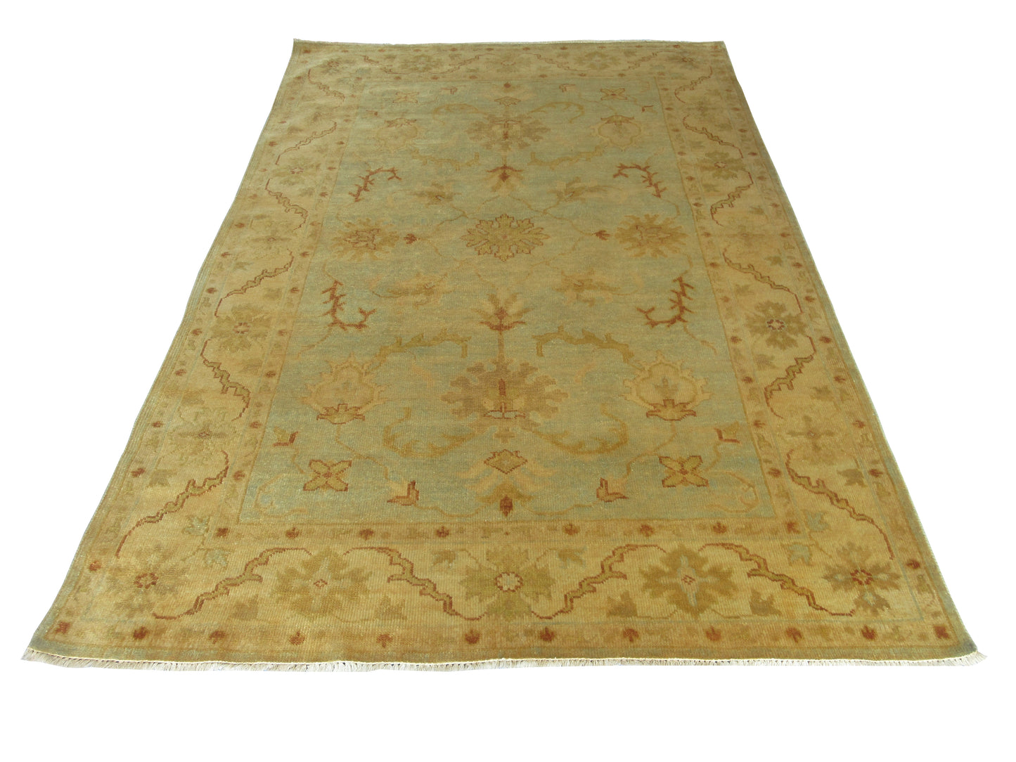 Hand-Knotted Oushak Turkish Rug - Soft Beige and Light Blue, 8x5 ft Carpet