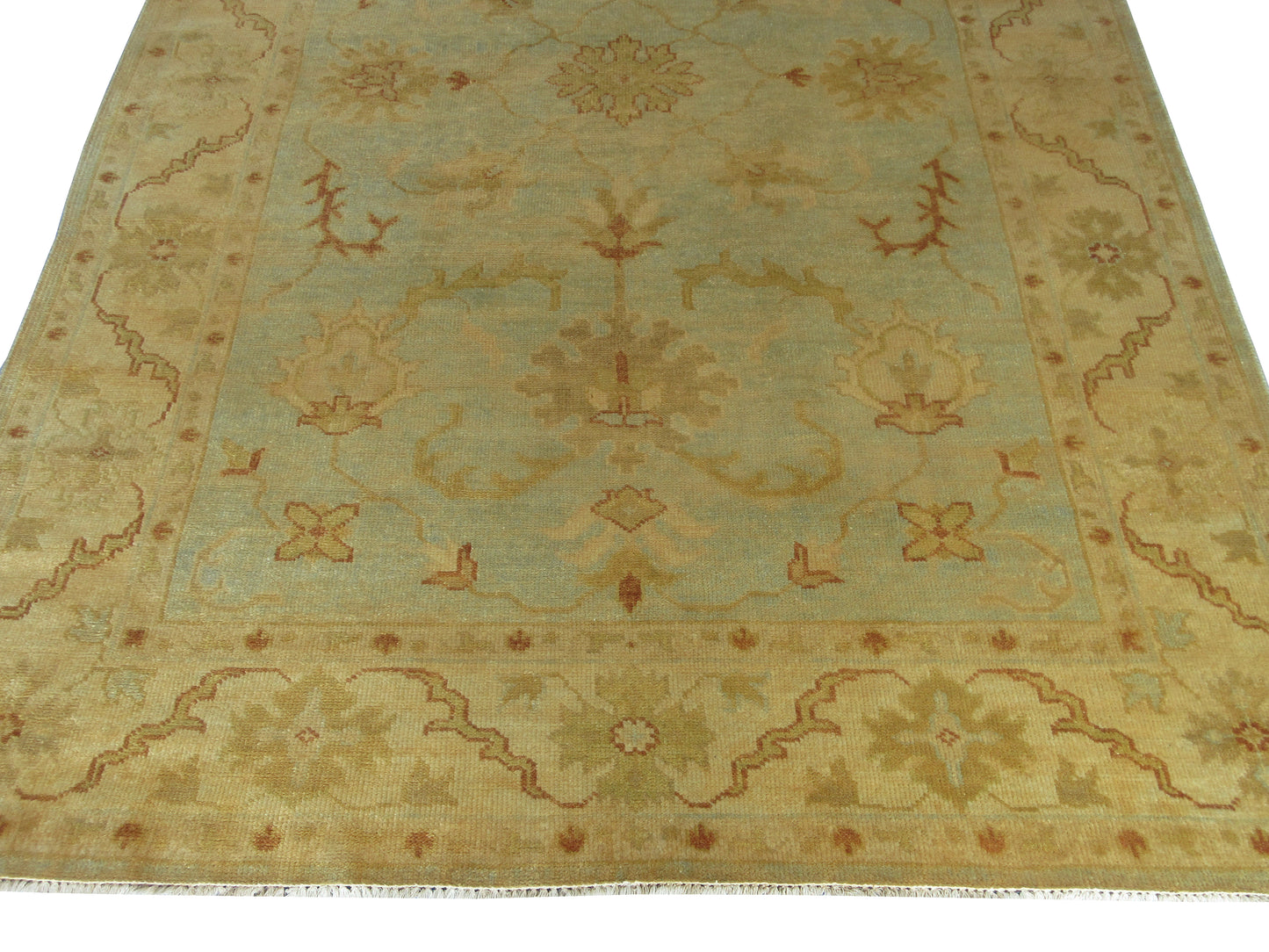 Hand-Knotted Oushak Turkish Rug - Soft Beige and Light Blue, 8x5 ft Carpet