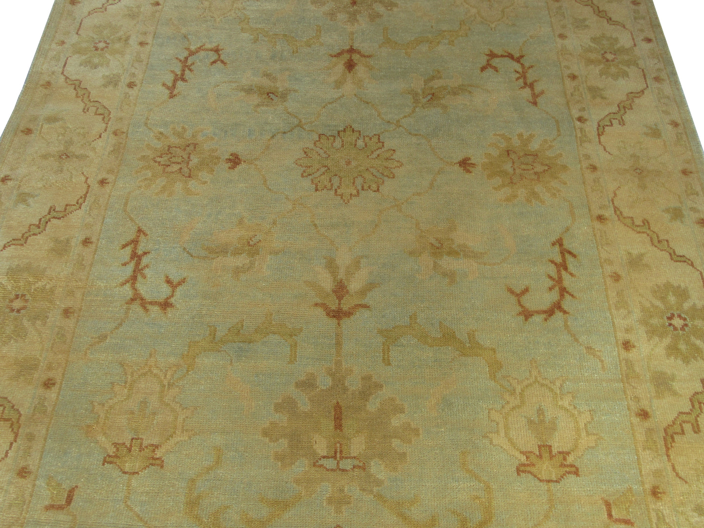 Hand-Knotted Oushak Turkish Rug - Soft Beige and Light Blue, 8x5 ft Carpet