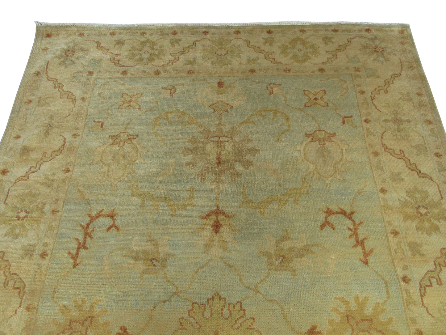 Hand-Knotted Oushak Turkish Rug - Soft Beige and Light Blue, 8x5 ft Carpet