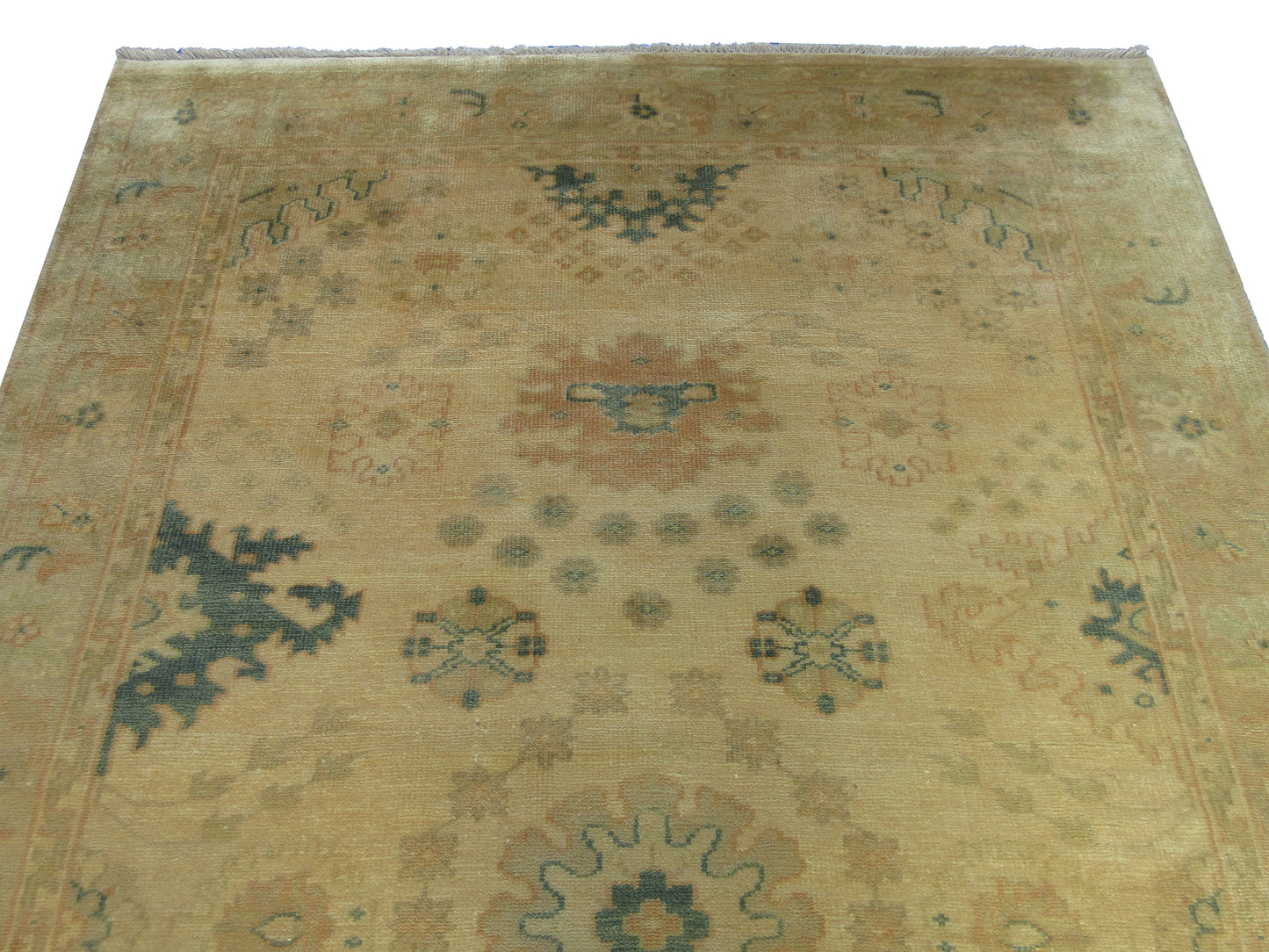 Hand-Knotted Pastel Beige & Brown Oushak Rug 8x5 Feet Pure Wool Vintage Look