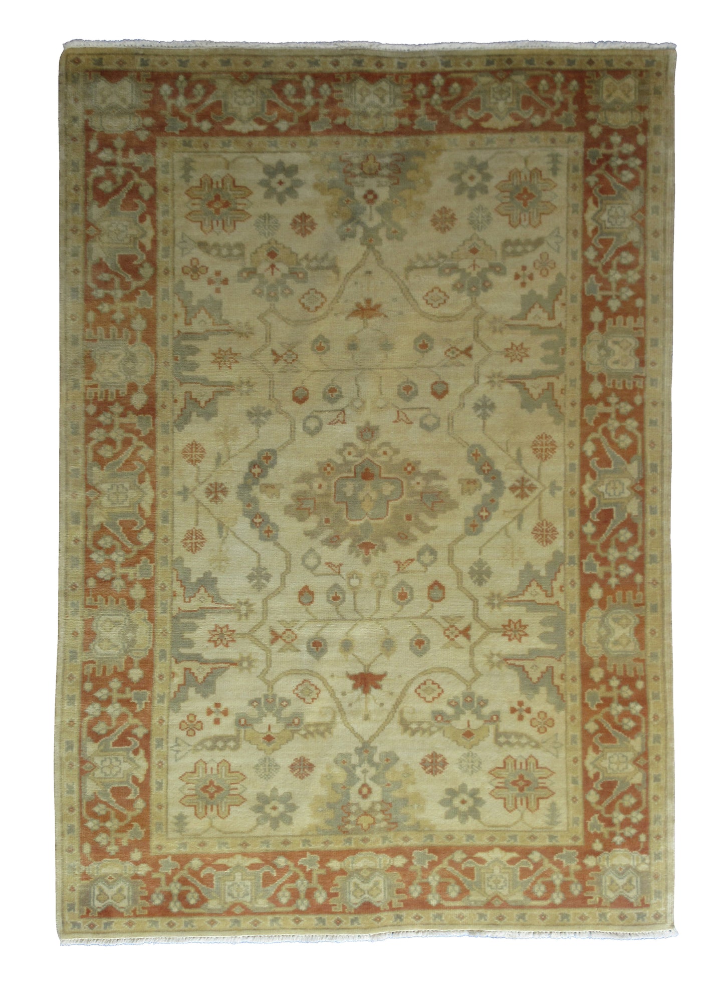 Hand-Knotted Wool Area Rug Traditional Oriental Design 8'x5' - Beige and Rust