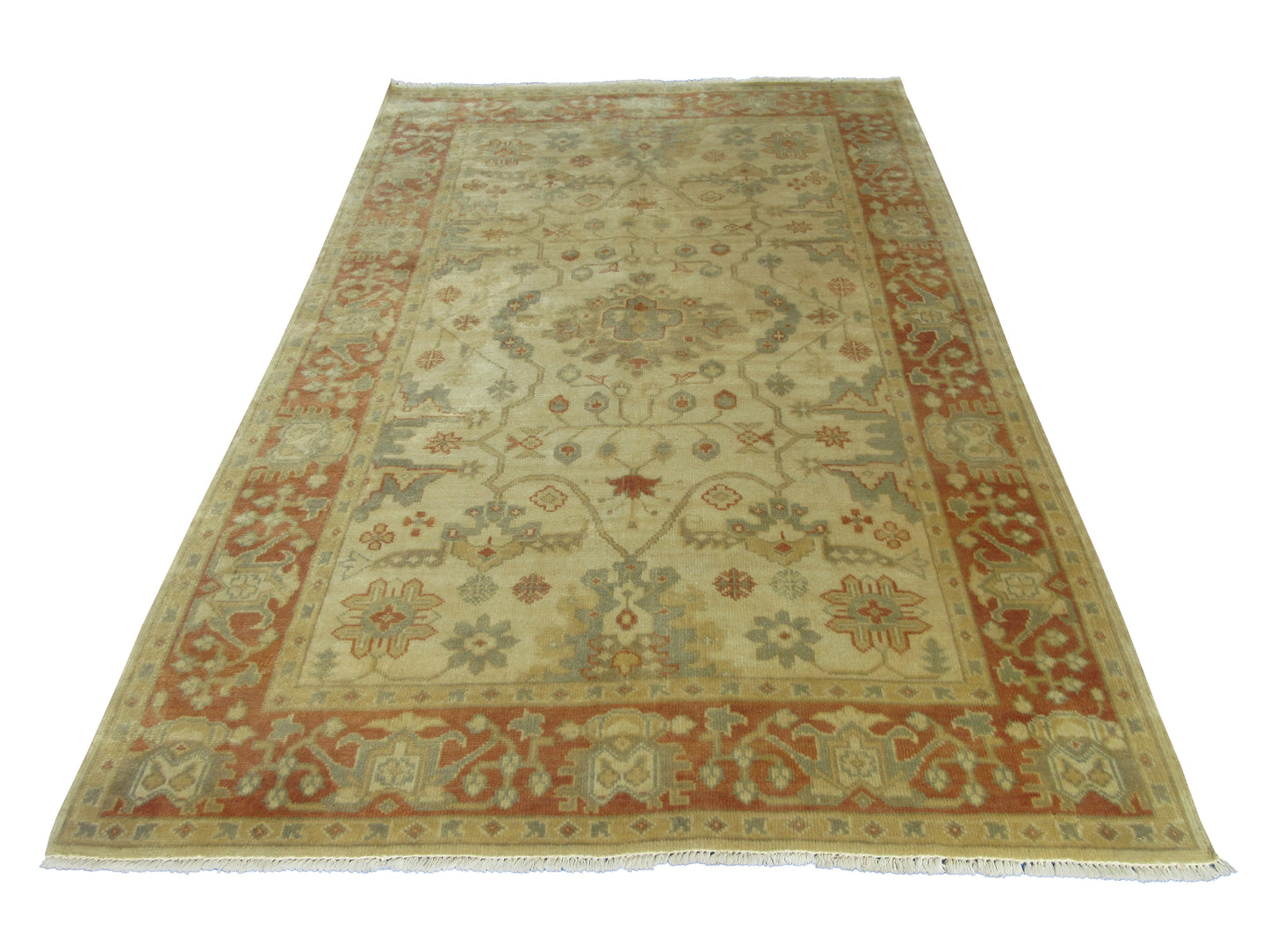 Hand-Knotted Wool Area Rug Traditional Oriental Design 8'x5' - Beige and Rust