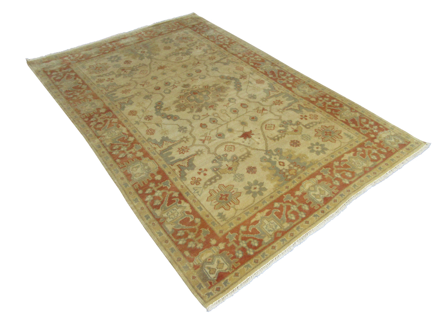 Hand-Knotted Wool Area Rug Traditional Oriental Design 8'x5' - Beige and Rust