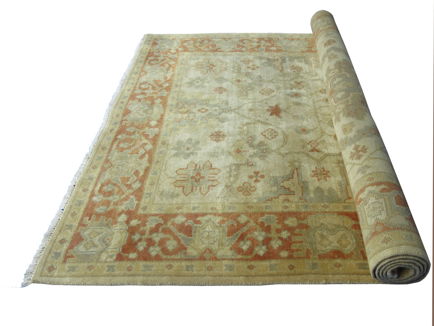 Hand-Knotted Wool Area Rug Traditional Oriental Design 8'x5' - Beige and Rust