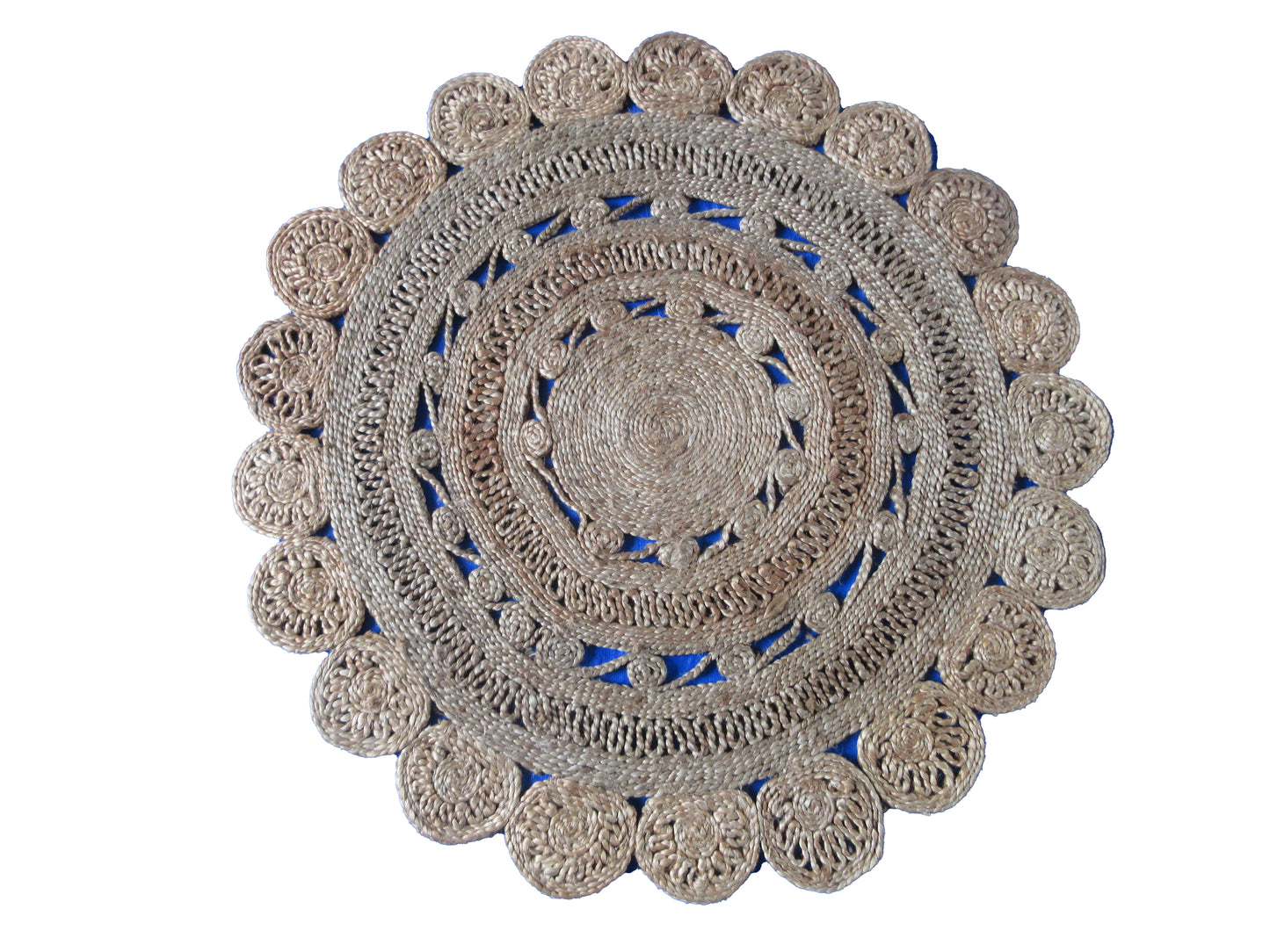 Handwoven jute rug with a beautiful, circular pattern of natural Rug any room.