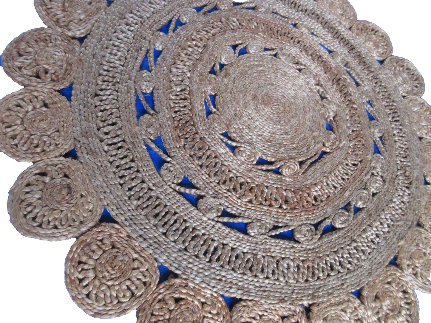 Handwoven jute rug with a beautiful, circular pattern of natural Rug any room.