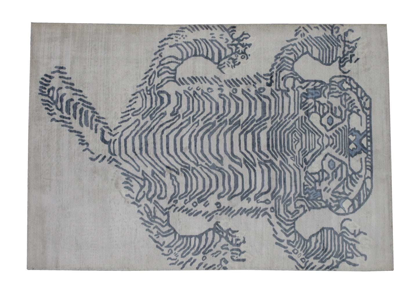 Handmade Silk Rug - 4.10X7.1 Feet Silver Abstract Tibetan Tiger Design Printed Area Rug