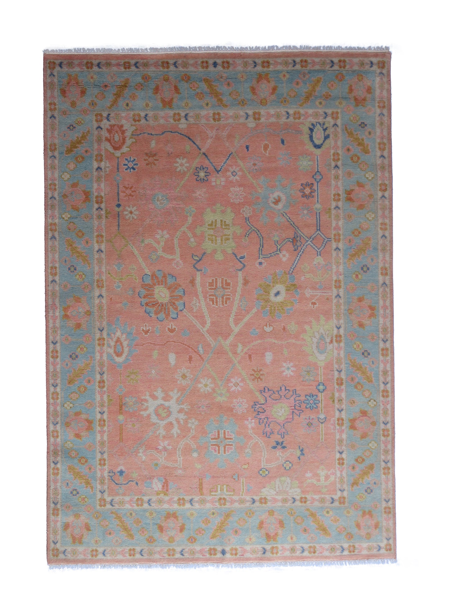 Handmade 10x8 ft Rug Pink and Blue Floral Oriental Wool Carpet - Living Room,