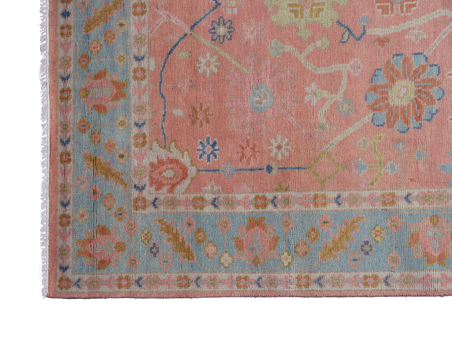 Pink Oushak 8x10ft Rug Hearth Stone Light Blue Border Floral Rug Contemporary Area Rug Luxury Handmade Turkish Rug Wool