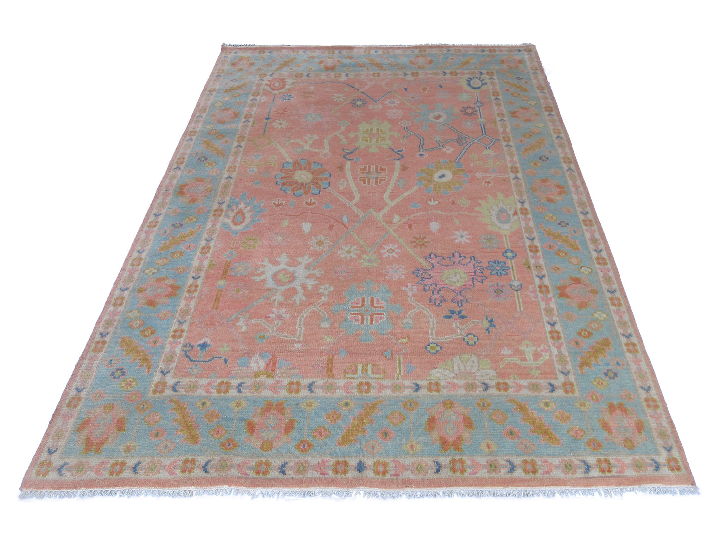 Pink Oushak 8x10ft Rug Hearth Stone Light Blue Border Floral Rug Contemporary Area Rug Luxury Handmade Turkish Rug Wool