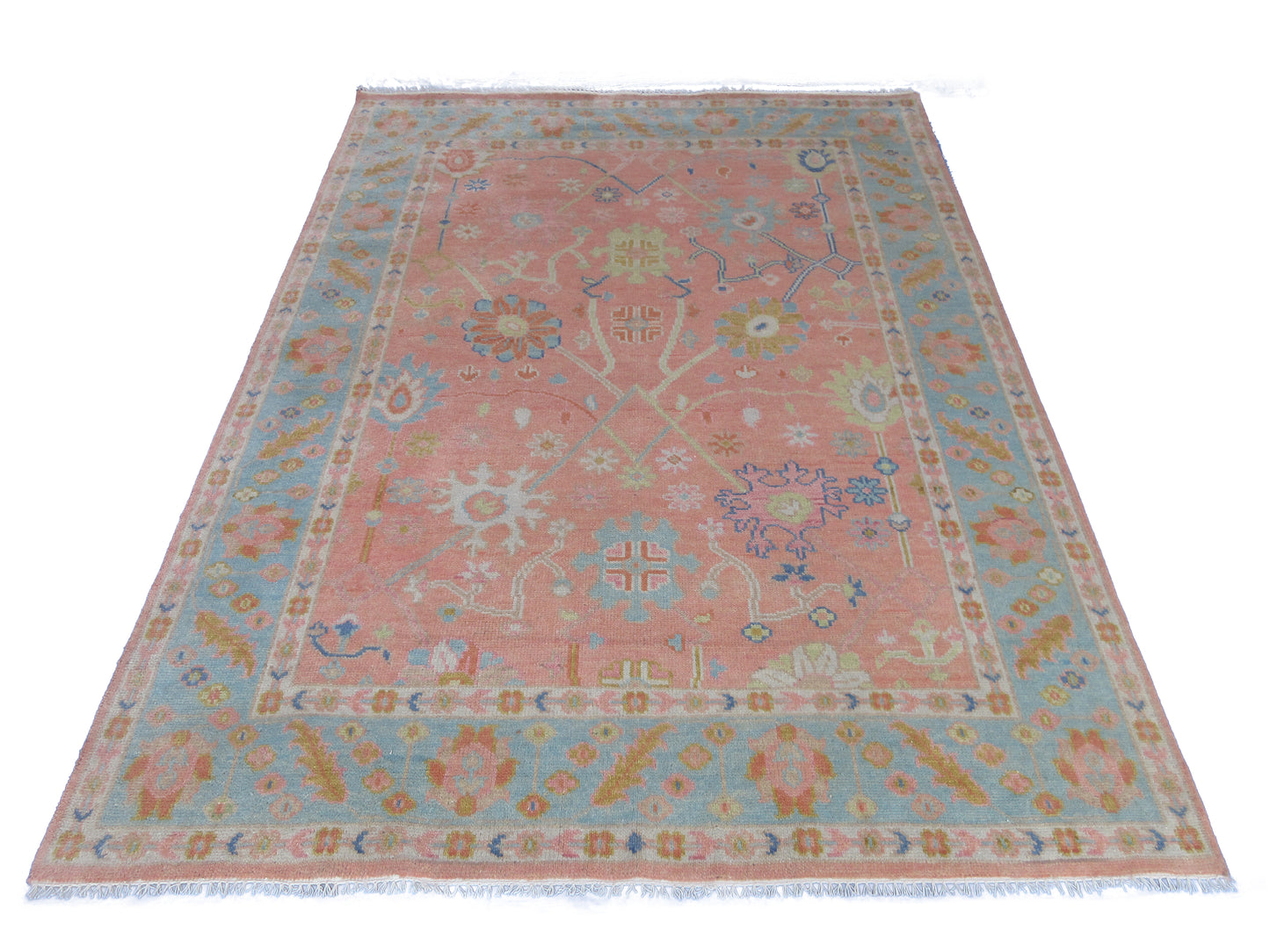 Handmade 10x8 ft Rug Pink and Blue Floral Oriental Wool Carpet - Living Room,