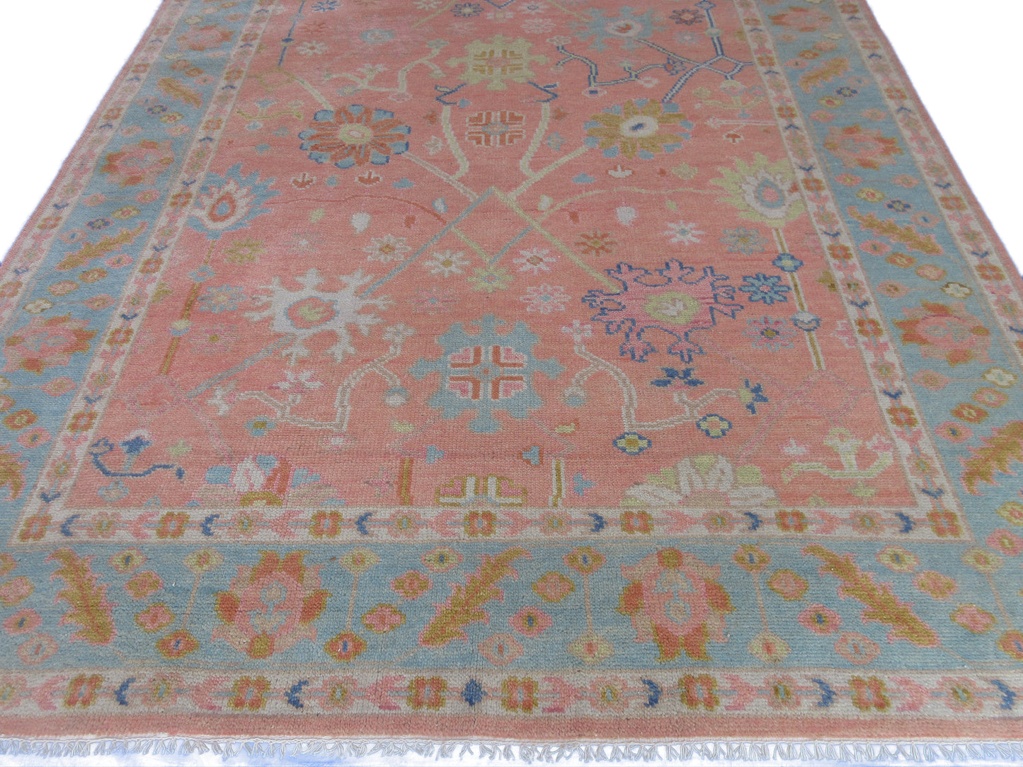 Handmade 10x8 ft Rug Pink and Blue Floral Oriental Wool Carpet - Living Room,