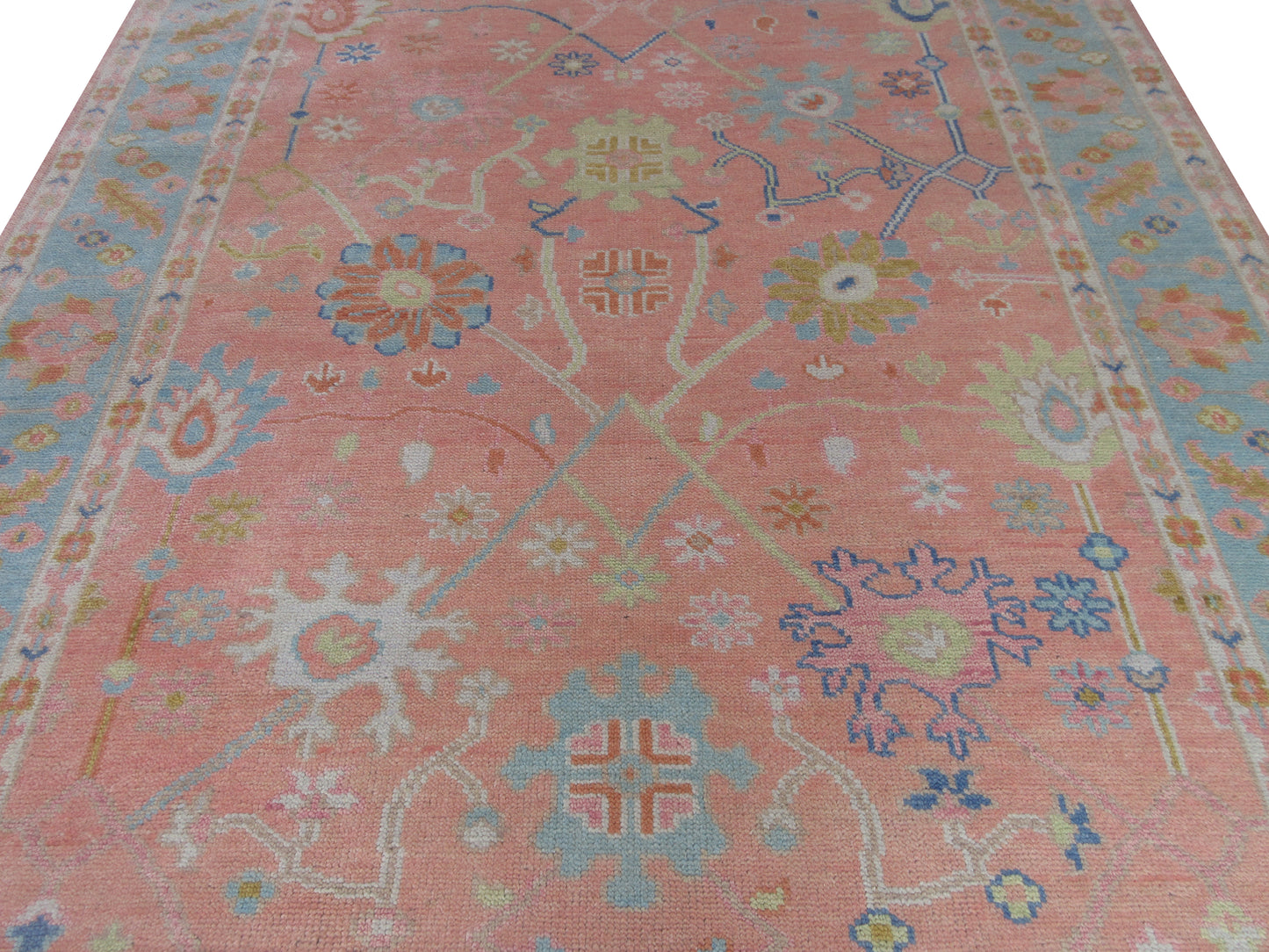 Handmade 10x8 ft Rug Pink and Blue Floral Oriental Wool Carpet - Living Room,