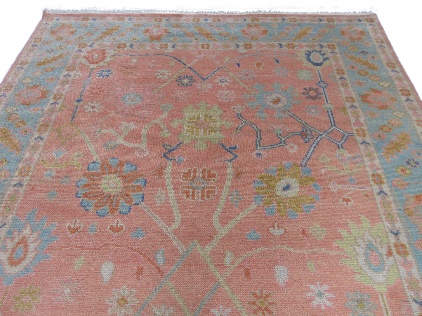 Pink Oushak 8x10ft Rug Hearth Stone Light Blue Border Floral Rug Contemporary Area Rug Luxury Handmade Turkish Rug Wool