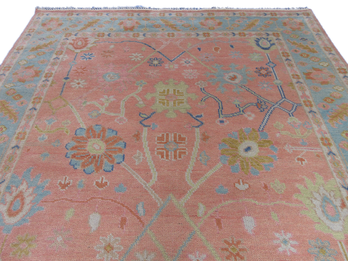 Handmade 10x8 ft Rug Pink and Blue Floral Oriental Wool Carpet - Living Room,